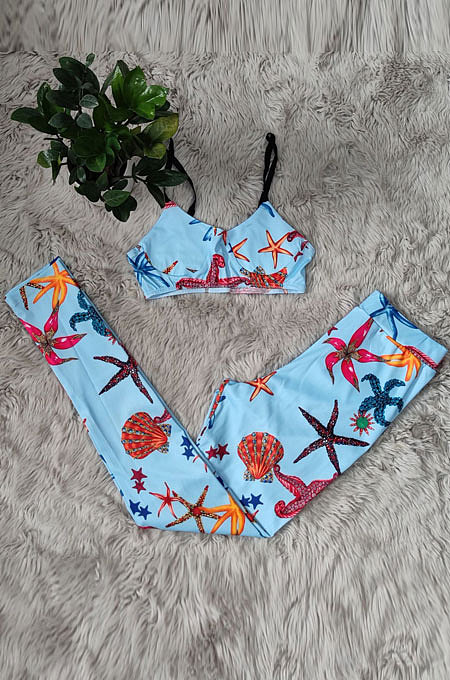 Blue Sexy Women Fashion Printing Tight Condole Belt Backless Long Pants Sets YZ7034-2
