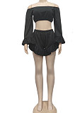 Black Women Fashion Pure Color Off Shoulder Horn Sleeve Dew Waist Flounce Shorts Sets YZ7041-3