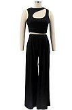 Yellow Women Sleeveless Solid Color Round Neck Dew Waist Pants Sets KZ2123-2