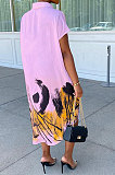 White Women Turn-Down Collar Short Sleeve Irregular Printing Casual T Shirt/Shirt Dress KZ2118-1