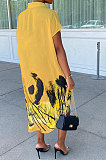 Yellow Women Turn-Down Collar Short Sleeve Irregular Printing Casual T Shirt/Shirt Dress KZ2118-3