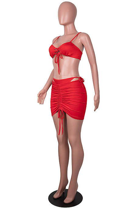 Red Night Club Pure Color Condole Belt Bandage Strapless Mid Waist Ruffle Drawsting Hip Skirts Two-Piece SZS8147-1