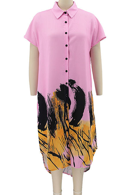 Pink Women Turn-Down Collar Short Sleeve Irregular Printing Casual T Shirt/Shirt Dress KZ2118-2