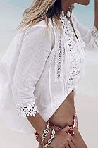 White Fashion Lace Stand Collar Half Sleeve Ruffle Cardigan Shirts MDO9004-1