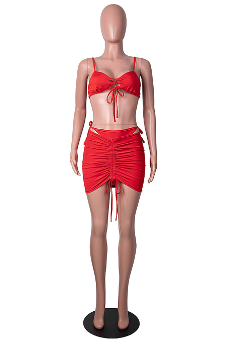 White Night Club Pure Color Condole Belt Bandage Strapless Mid Waist Ruffle Drawsting Hip Skirts Two-Piece SZS8147-3