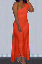 Orange Personality One Shoulder Short Sleeve Long Pants Cape Pure Color Bodycon Jumpsuits OMY80036-7