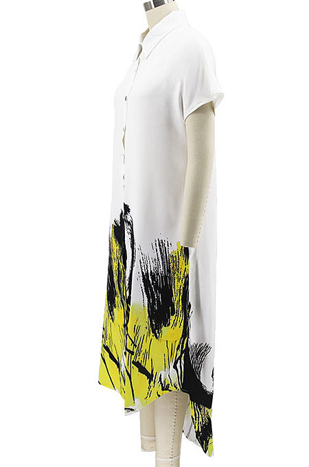 Pink Women Turn-Down Collar Short Sleeve Irregular Printing Casual T Shirt/Shirt Dress KZ2118-2