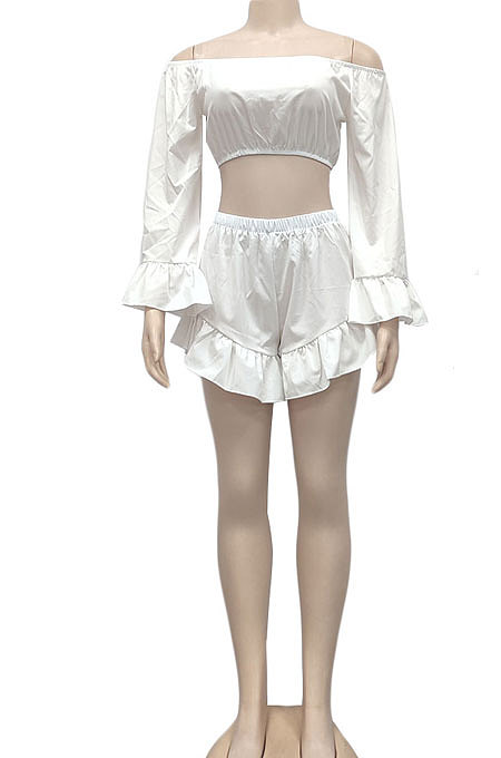 Black Women Fashion Pure Color Off Shoulder Horn Sleeve Dew Waist Flounce Shorts Sets YZ7041-3