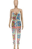 Black Euramerican Women Fashion Printing Condole Belt V Neck Casual Jumpsuit WME2068-2