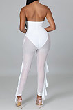 White High Waist Solid Color Polyester Mesh Strapless Backless Bodycon Jumpsuits YF9203-2