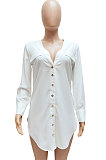 Yellow Women Long Sleeve V Neck Pure Color Shirts Single-Breasted Slim Fitting T Shirt/Shirt Dress WMZ0098-3
