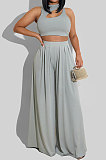 Blue Women Sleeveless Solid Color Round Neck Dew Waist Pants Sets KZ2123-5