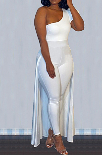 White Personality One Shoulder Short Sleeve Long Pants Cape Pure Color Bodycon Jumpsuits OMY80036-1