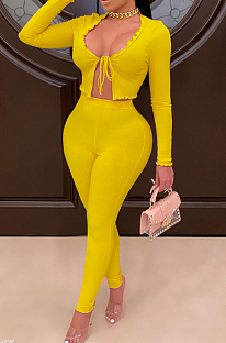 Yellow Cotton Blend New Stringy Selvedge Long Sleeve Cardigan Bandage Bodycon Pants Pure Color Two-Piece YMT6229-3