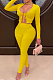 Yellow Cotton Blend New Stringy Selvedge Long Sleeve Cardigan Bandage Bodycon Pants Pure Color Two-Piece YMT6229-3