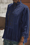 Dark Blue Fashion Lace Stand Collar Half Sleeve Ruffle Cardigan Shirts MDO9004-2