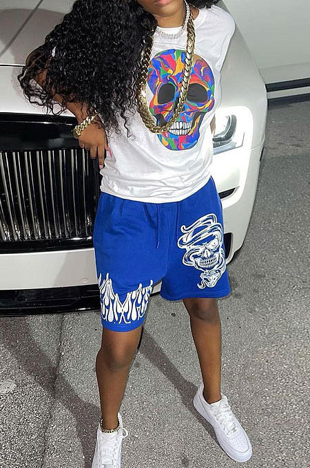 Blue Women Fashion Skulls Printing Shorts Sets WME20753