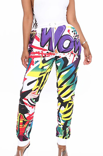 White New Personality Printing Casual High Waist Sport Pants LS6375