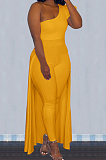 Black Personality One Shoulder Short Sleeve Long Pants Cape Pure Color Bodycon Jumpsuits OMY80036-2