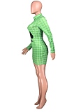 Red Fashion Plaid Printing Long Sleeve Round Collar Slim Fitting Solid Color Hip Mini Dress YMT6223-2