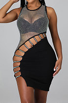 Black Mid Waist Hot Drilling Solid Color Sexy Mesh Sleeveless Zipper Hollow Out Crop Mini Dress YF9209