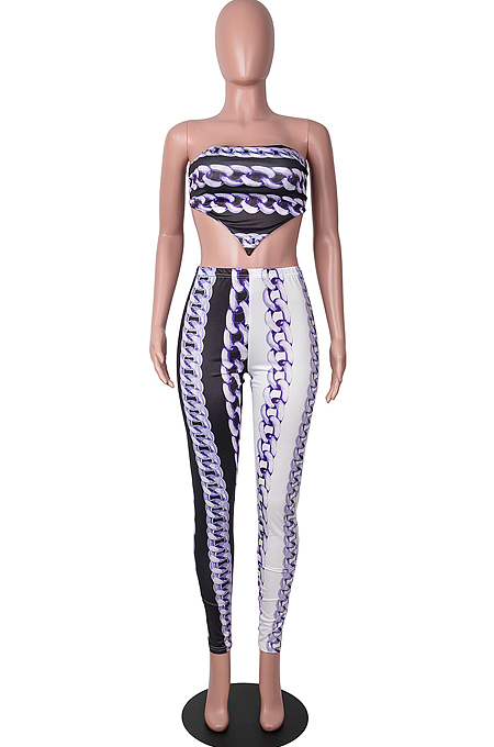 Light Coffee New Positioning Chain Printing Strapless Backless Tight Pants Two-Piece SZS8146-3