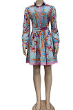 Orange Yellow Women Printing Casual Bodycon Long Sleeve Turn-Down Collar T Shirt/Shirt Dress YZ7040-1