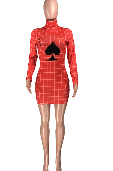 Green Fashion Plaid Printing Long Sleeve Round Collar Slim Fitting Solid Color Hip Mini Dress YMT6223-1