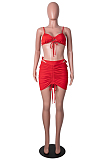 Red Night Club Pure Color Condole Belt Bandage Strapless Mid Waist Ruffle Drawsting Hip Skirts Two-Piece SZS8147-1