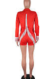 Pink Euramerican Women Solid Color Back Deep V Split Tassel Casual Turn-Down Collar Shorts Sets RB3042-4