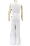 White Women Sleeveless Solid Color Round Neck Dew Waist Pants Sets KZ2123-1