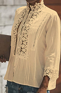 Apricot Fashion Lace Stand Collar Half Sleeve Ruffle Cardigan Shirts MDO9004-5
