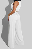 Yellow Women Sleeveless Solid Color Round Neck Dew Waist Pants Sets KZ2123-2