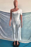 Black Personality One Shoulder Short Sleeve Long Pants Cape Pure Color Bodycon Jumpsuits OMY80036-2