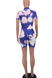 Purple Summer Ribber Tie Dye Printing Stand Collar Shorts Slim Fitting Romper Shorts OH8073