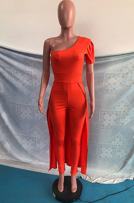 Black Personality One Shoulder Short Sleeve Long Pants Cape Pure Color Bodycon Jumpsuits OMY80036-2
