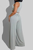 Gray Women Sleeveless Solid Color Round Neck Dew Waist Pants Sets KZ2123-3