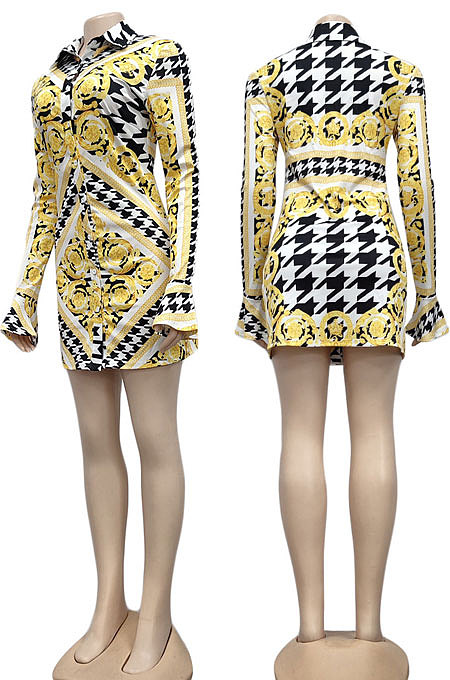 Digital Printing Long Sleeve Horn Sleeve Turn-Down Collar Slim Fitting T Shirt/Shirt Dress YZ7037
