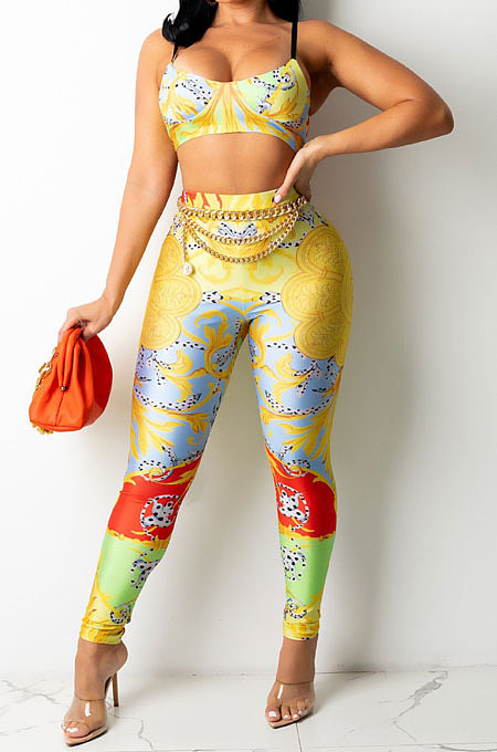 Blue Sexy Women Fashion Printing Tight Condole Belt Backless Long Pants Sets YZ7034-2