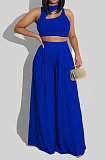 Gray Women Sleeveless Solid Color Round Neck Dew Waist Pants Sets KZ2123-3