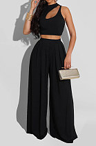 Black Women Sleeveless Solid Color Round Neck Dew Waist Pants Sets KZ2123-4
