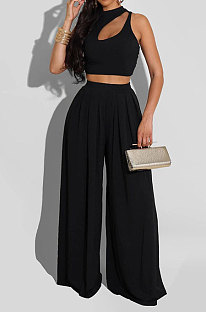Black Women Sleeveless Solid Color Round Neck Dew Waist Pants Sets KZ2123-4