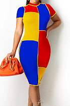 Royal Blue Fashion Spliced Short Sleeve Round Collar Slim Fitting Hip Midi Dress SZS8154-2
