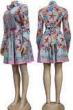 Orange Yellow Women Printing Casual Bodycon Long Sleeve Turn-Down Collar T Shirt/Shirt Dress YZ7040-1