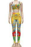 Blue Sexy Women Fashion Printing Tight Condole Belt Backless Long Pants Sets YZ7034-2