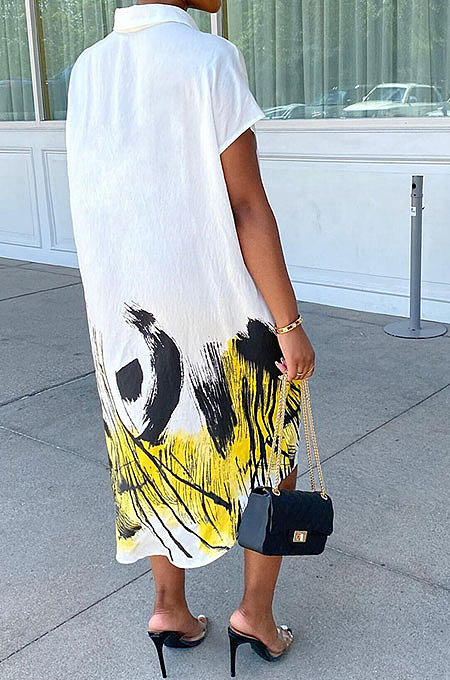 Pink Women Turn-Down Collar Short Sleeve Irregular Printing Casual T Shirt/Shirt Dress KZ2118-2