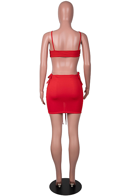 Red Night Club Pure Color Condole Belt Bandage Strapless Mid Waist Ruffle Drawsting Hip Skirts Two-Piece SZS8147-1