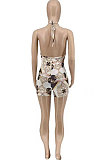 Beige Euramerican Women Trendy Printing Condole Belt Backless Hollow Out Romper Shorts WME20752
