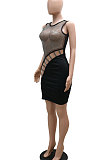 Black Mid Waist Hot Drilling Solid Color Sexy Mesh Sleeveless Zipper Hollow Out Crop Mini Dress YF9209