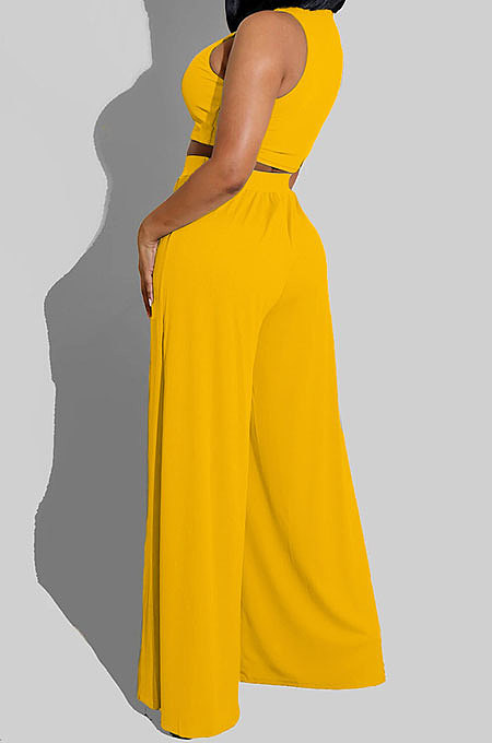 Blue Women Sleeveless Solid Color Round Neck Dew Waist Pants Sets KZ2123-5